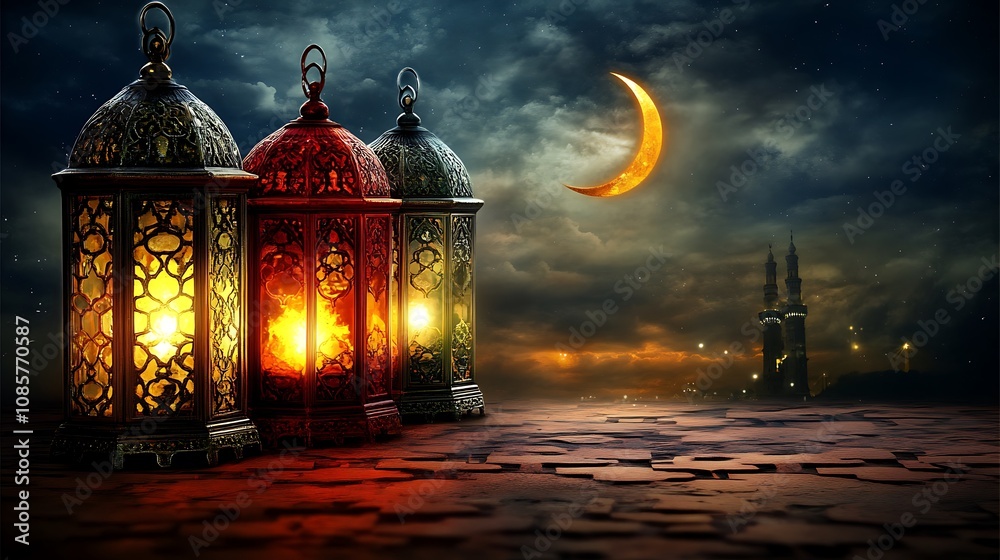 Fototapeta premium Illuminated Lanterns Under Night Sky Crescent Moon Cityscape