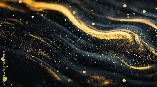 Swirling abstract background of black and gold sulfur particles, intricate details with shadows, contrasts, and luminous flecks for added depth photo