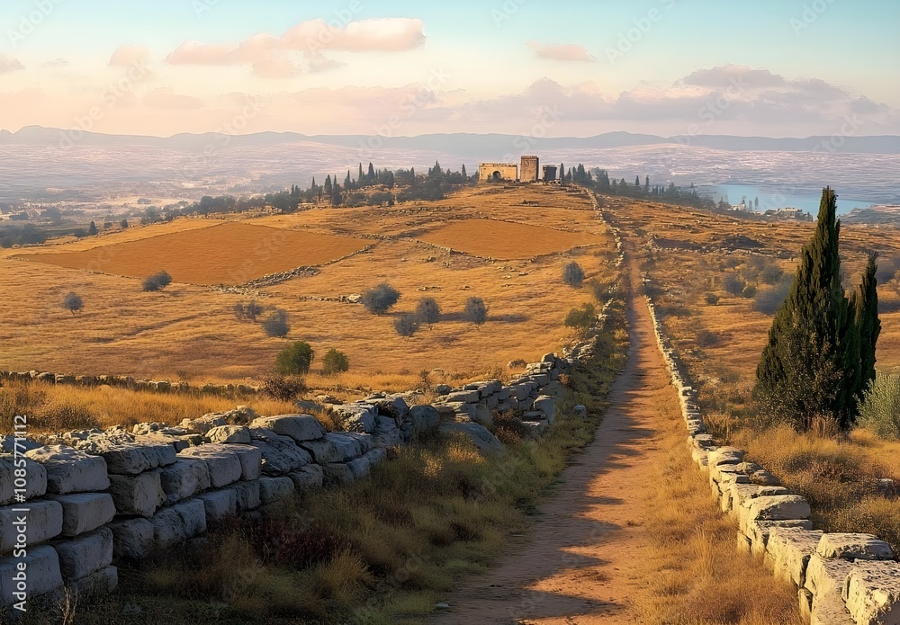 Serene Landscape with Ancient Ruins on Hilltop Surrounded by Rolling Fields and Forests Under a Soft Golden Sunrise Sky for Scenic Stock Photography Serene Landscape with Ancient Ruins on Hilltop Surrounded by Rolling Fields and Forests Under a Soft Golden Sunrise Sky for Scenic Stock Photography