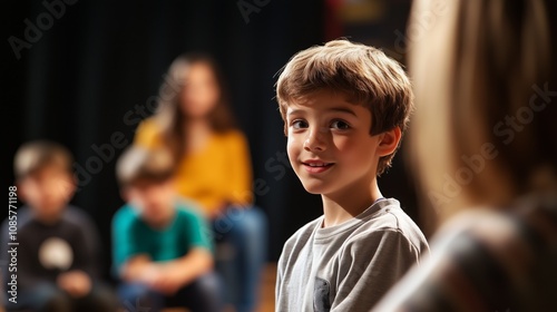 There's a little youngster grinning at the camera. With a number of more people in the background, the scenario seems to be a family get-together or a school function.