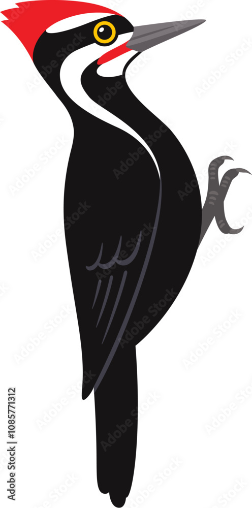 Fototapeta Pileated woodpecker illustration. Black bird with red crest. Isolated vector clip art.