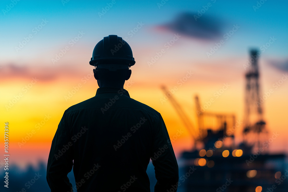 Fototapeta premium Industrial engineer observing sunset at construction site