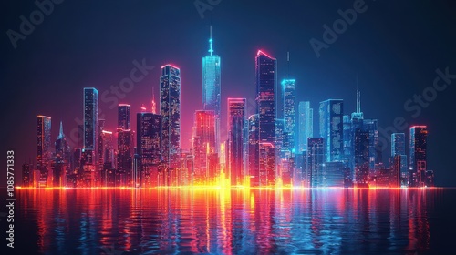 Wallpaper Mural A glowing city skyline with gradient waves of light reflecting off its sleek skyscrapers and water below. The vibrant energy captures the dynamic and modern essence of urban life. A bold and  Torontodigital.ca