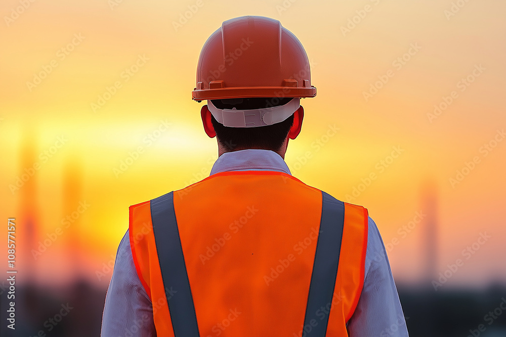 construction worker in orange vest and helmet gazes at sunset construction worker in orange vest and helmet gazes at sunset