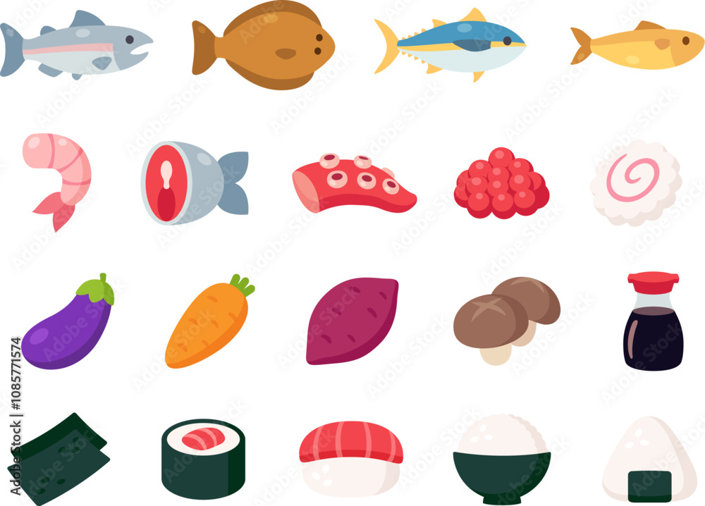 Naklejka premium Japanese food ingredients cartoon icon set. Fish and seafood, vegetables, sushi and rice dishes, cute simple vector illustrations.