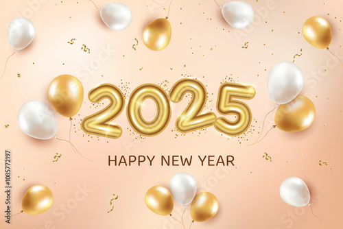 2025 New Year Premium Text With Floating Balloons On Beige Background. New Year's Eve Clearance Sale Offer Theme Vector Illustration For Greeting, Invite Card, Website, Banner, Postel, Flyer, Etc.