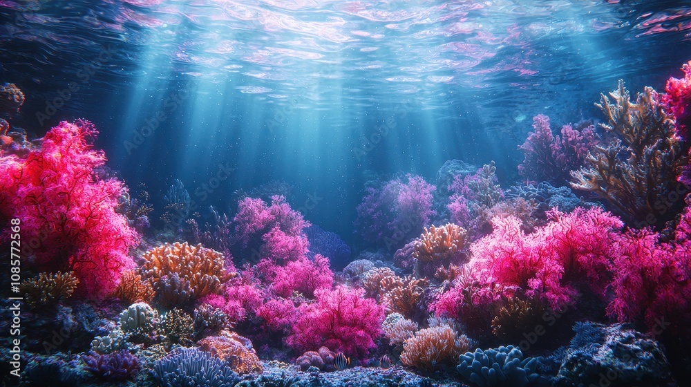 Fototapeta premium A glowing underwater scene with gradient waves of light flowing through coral reefs and vibrant marine life. The surreal lighting adds depth and motion to the tranquil aquatic world. A magical 