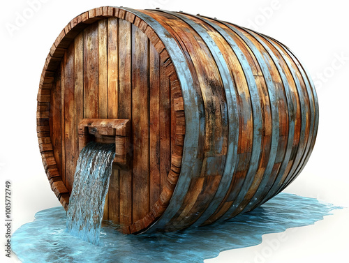 A rustic wooden barrel overflowing with clear water, showcasing natural textures and vibrant colors. photo