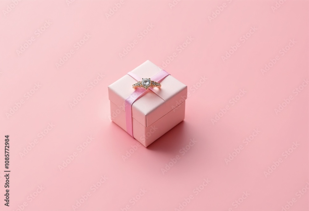 A pink gift box and engagement gold ring with diamond on pink pastel background. Wedding, romantic concept. Jewelry. The concept of marriage or anniversary A pink gift box and engagement gold ring with diamond on pink pastel background. Wedding, romantic concept. Jewelry. The concept of marriage or anniversary