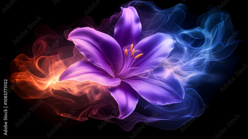 A stunning purple lily surrounded by colorful smoke, creating an ethereal and captivating visual effect. A stunning purple lily surrounded by colorful smoke, creating an ethereal and captivating visual effect.