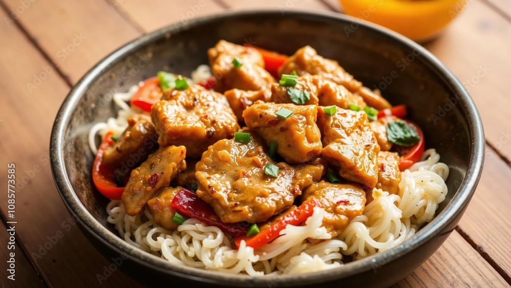 Spicy vegan stir-fry with tofu and noodles in a rustic bowl on wooden table. Spicy vegan stir-fry with tofu and noodles in a rustic bowl on wooden table.