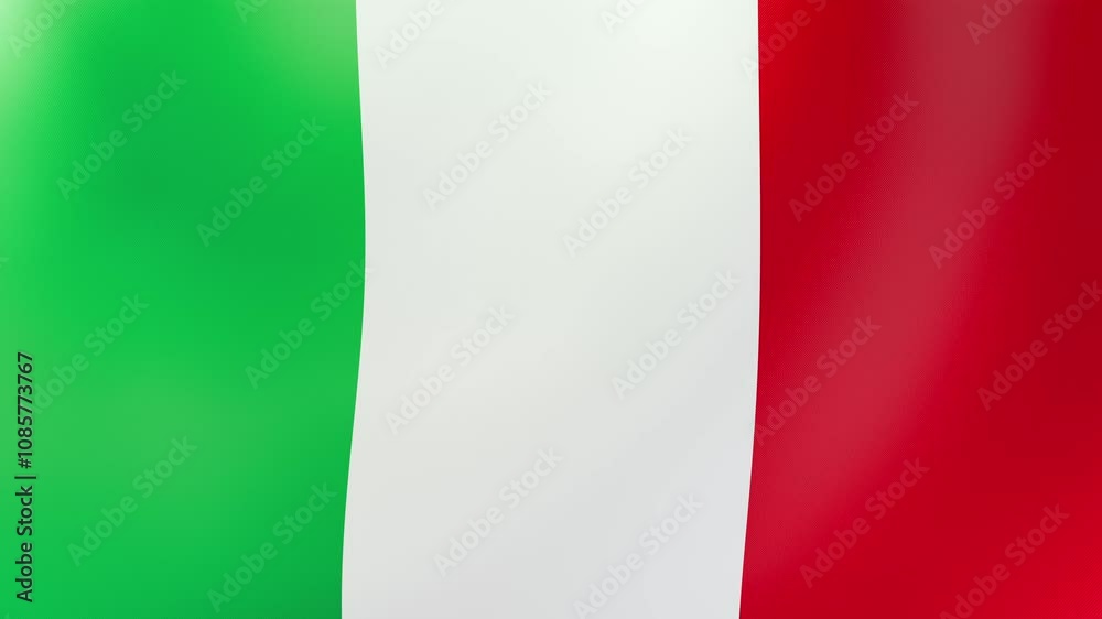 A seamless 3D loop animation of the flag of Italy waving gently in the wind. High-resolution 4K video ideal for patriotic displays, backgrounds, and digital art projects.