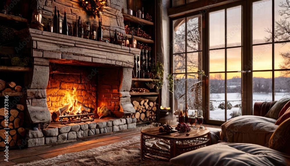 Firewood is burning in the fireplace. New Year's interior with a fireplace. Fire in the fireplace. Beautiful fireplace with wood Firewood is burning in the fireplace. New Year's interior with a fireplace. Fire in the fireplace. Beautiful fireplace with wood