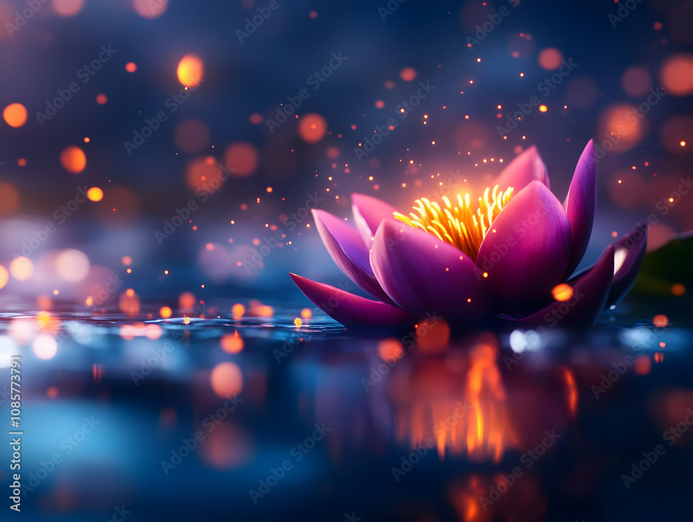 A mesmerizing purple lotus flower floating gracefully on calm water, illuminated by soft, glowing lights.