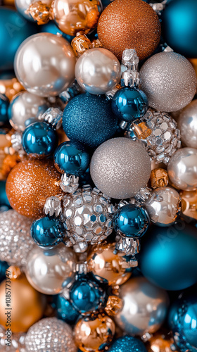 Vibrant assortment of metallic and glittering christmas ornaments. Festive vertical wallpaper photo