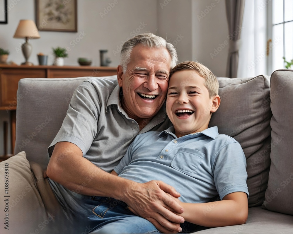 Grandfather and grandson are sitting closely on a couch, smiling, enjoying each other's company in a cozy setting. Grandfather and grandson are sitting closely on a couch, smiling, enjoying each other's company in a cozy setting.