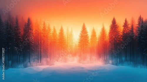 A serene winter forest covered in snow, glowing softly with gradient waves of orange and blue light. The surreal illumination adds warmth to the cold and quiet natural setting. A peaceful and 