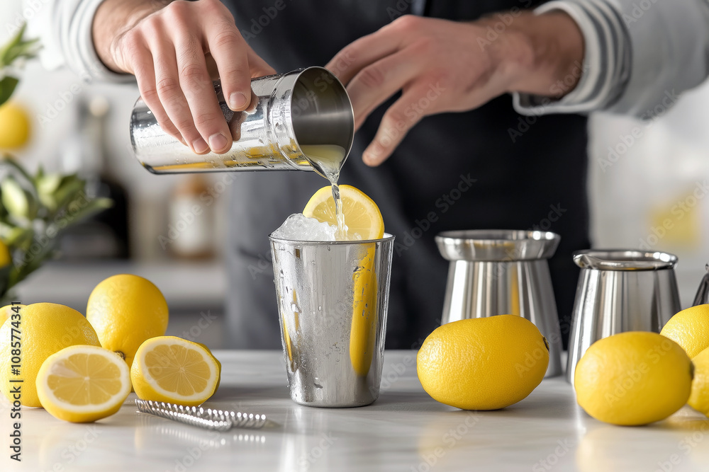 Close-up of bartender's hands creating a limoncello cocktail, surrounded by lemons and cocktail tools. Close-up of bartender's hands creating a limoncello cocktail, surrounded by lemons and cocktail tools.