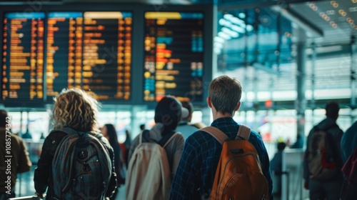 Busy airport terminal scene with travelers and digital flight information displays