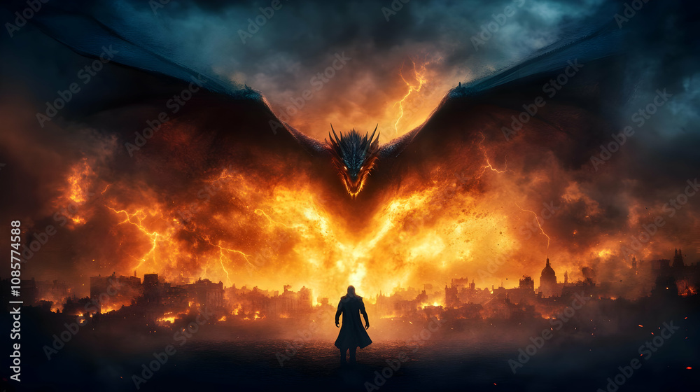 Fototapeta premium A mythical scene featuring a colossal dragon emerging from fiery landscapes, showcasing fantasy elements and heroism.