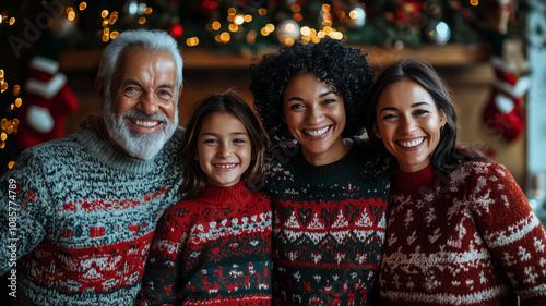 Smiling Family Celebrating Christmas in Festive Sweaters