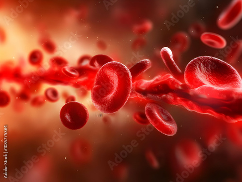 Close-up view of red blood cells flowing through the bloodstream, highlighting their vital role in the circulatory system. photo