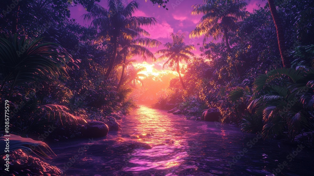A vibrant rainforest illuminated by gradient glowing waves weaving through dense vegetation. The surreal colors highlight the diversity and richness of the ecosystem. A magical vision of tropical A vibrant rainforest illuminated by gradient glowing waves weaving through dense vegetation. The surreal colors highlight the diversity and richness of the ecosystem. A magical vision of tropical