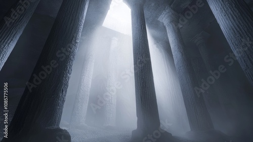 Mystical Ancient Roman Temple Ruins Shrouded in Mist - 3D Render with Towering Columns Vanishing into Fog, Creating Enchantment and Mystery