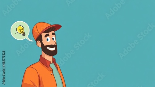 A delivery man is depicted on the left, a smiling man in a delivery man's uniform looks at the camera, a cartoon-style circle with a yellow idea lantern inside the circle flutters, 