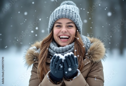 A young woman laughing and standing oustide in the snow catching snowflakes in hands wearing gloves, winter snowing cold happy holidays white Christmas photo