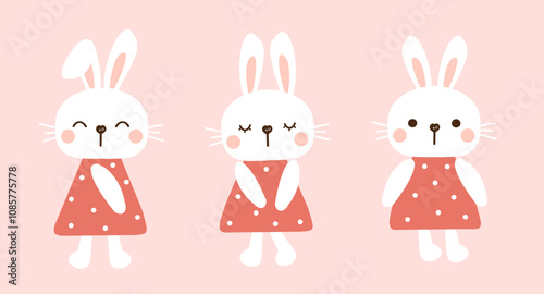 Set of bunny rabbit cartoons on pink background vector.
