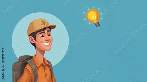 A delivery man is depicted on the left, a smiling man in a delivery man's uniform looks at the camera, a cartoon-style circle with a yellow idea lantern inside the circle flutters, 