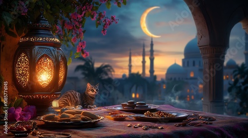 Serene Ramadan Evening Scene with Cat and Lantern photo