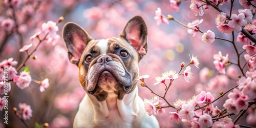 French Bulldog in a Pink Blossom Wonderland, Portrait, Canine, Spring Blossoms, Pet Photography