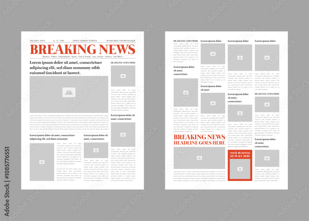 Newspaper design template. The daily newspaper or breaking news with text and picture placeholder editable template. Newspaper design template. The daily newspaper or breaking news with text and picture placeholder editable template.