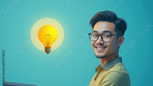 Asian man looking at camera and smiling,a smiling man in uniform looks at the camera, a cartoon-style circle flutters with a yellow idea lantern inside the circle,