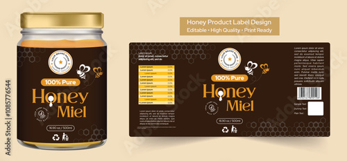 Honey label design premium quality, Honey jar product packaging design with honeycomb and bee background, dripping honey label print ready vector file template illustration