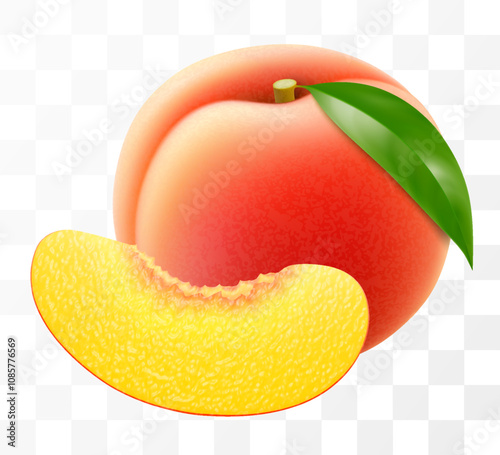 Ripe juicy peaches isolated on transparent background. Delicious sweet fruit. Realistic 3d vector illustration. Summer design. Concept of healthy food, vegetarian dieting