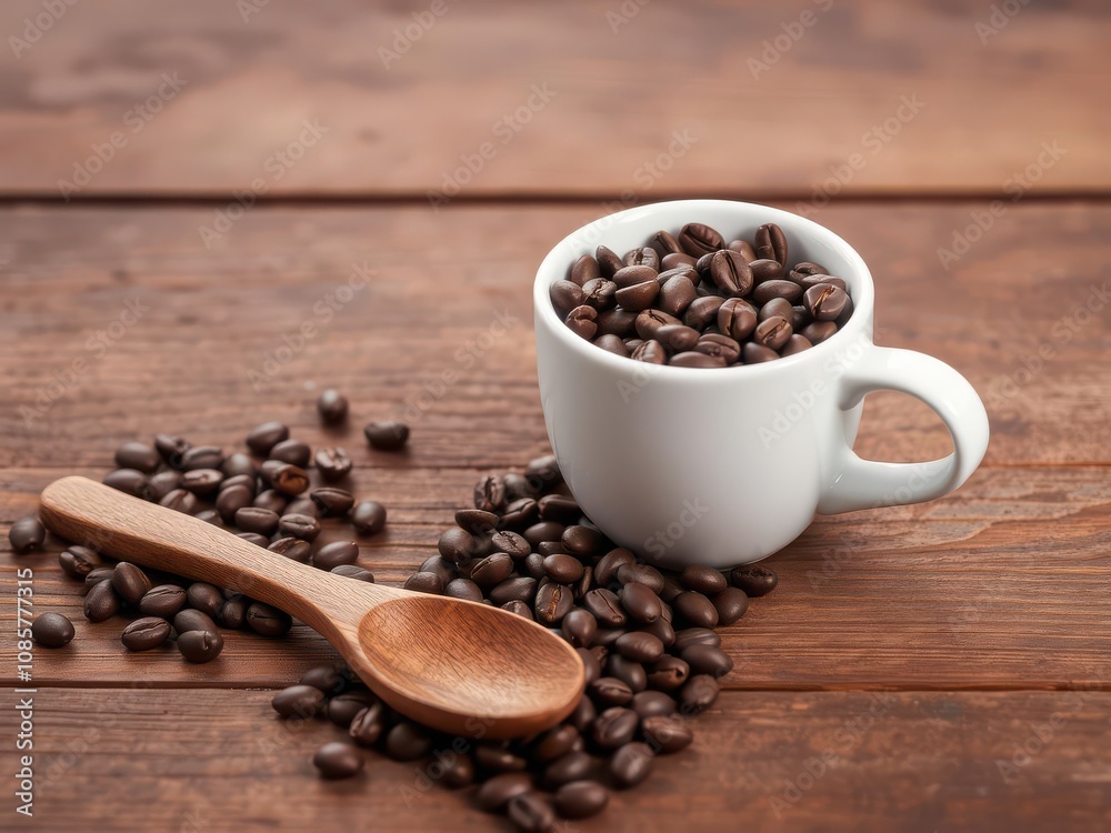 Fototapeta premium Cup filled with coffee beans next to wooden spoon on rustic table, spoon, cup