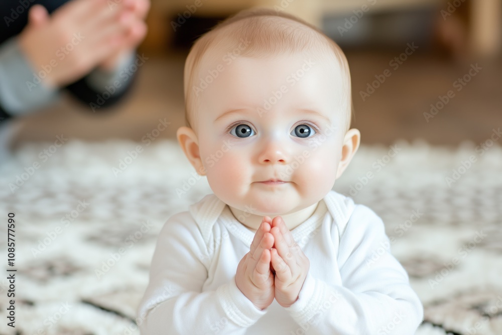 Baby joyfully saying first word while parent claps on soft rug in modern interior setting Baby joyfully saying first word while parent claps on soft rug in modern interior setting