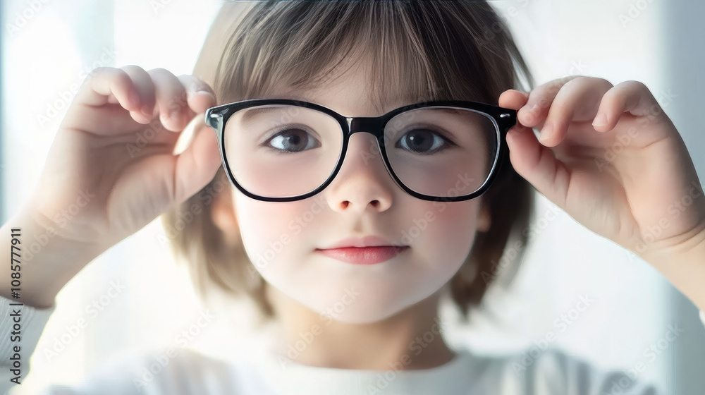 A child trying the new glasses prescribed by a doctor. Ophthalmology