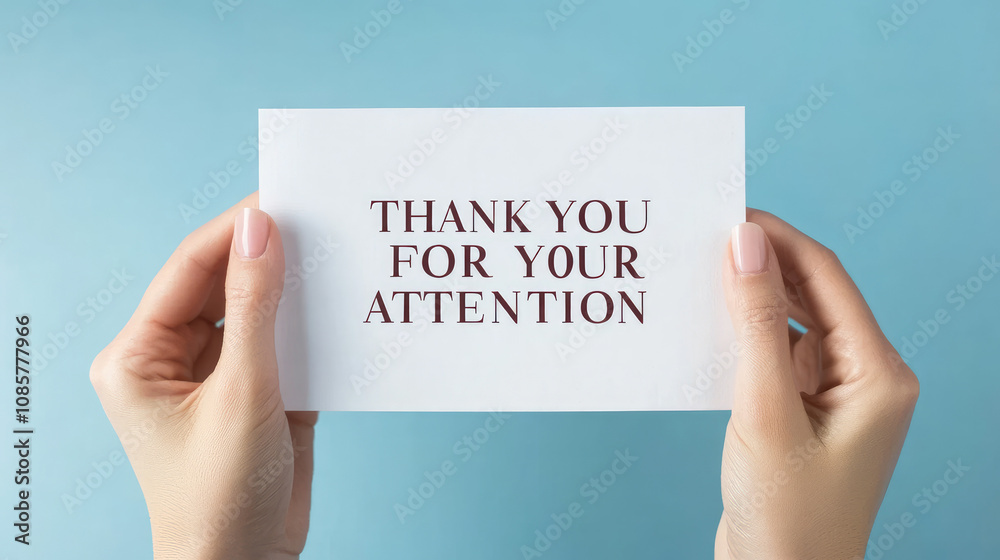 Two hands holding up a white card with the text Two hands holding up a white card with the text