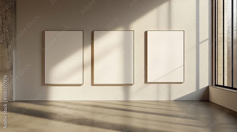 Three Blank Canvases in a Minimalist Room with Natural Light Streaming Through a Window