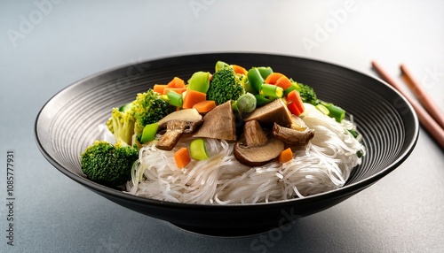 rice noodles with mushrooms and vegetables, AI generated photo