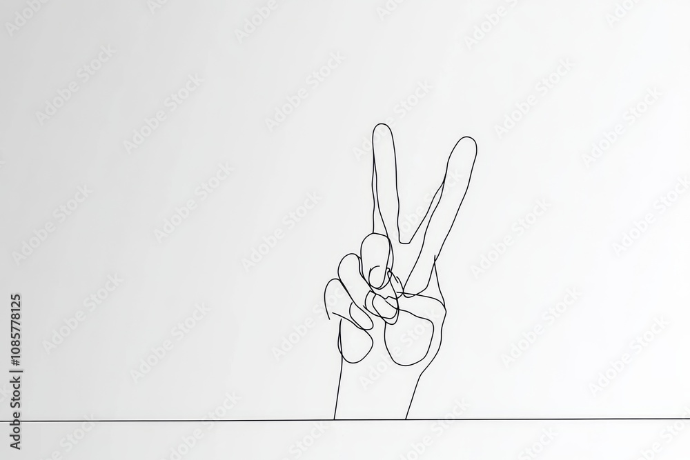 Fototapeta premium Single Line Drawing of a Hand Making the Peace Sign on a White Background