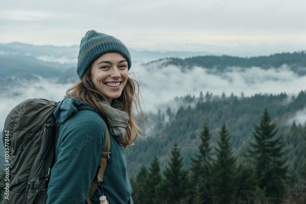 Smiling hiker in beanie surrounded by misty forest Smiling hiker in beanie surrounded by misty forest