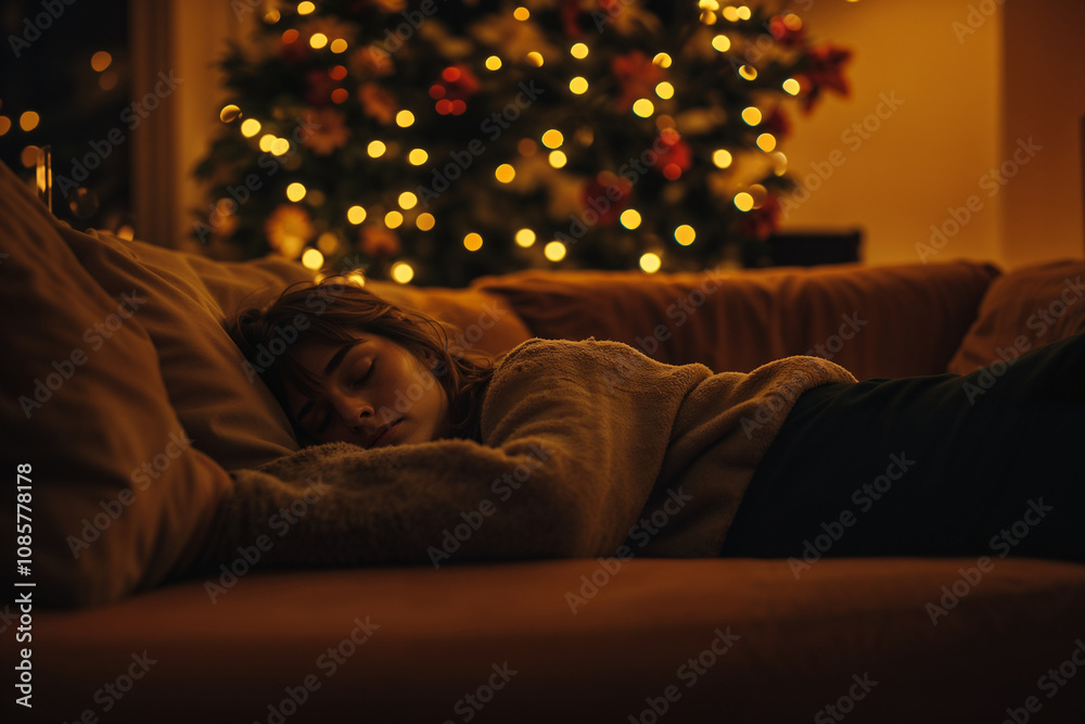 Young woman sleeping on sofa near Christmas tree lights Young woman sleeping on sofa near Christmas tree lights