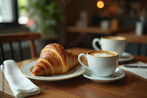 Сup of coffee and croissant on a wooden table in a coffee shop.