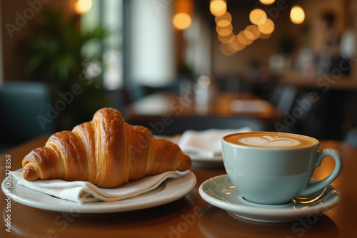 Сup of coffee and croissant on a wooden table in a coffee shop.