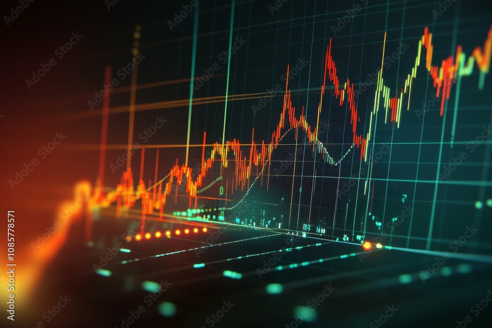 Digital Stock Market Chart Red and Green Lines on Black Background with Lens Flare Effect Digital Stock Market Chart Red and Green Lines on Black Background with Lens Flare Effect